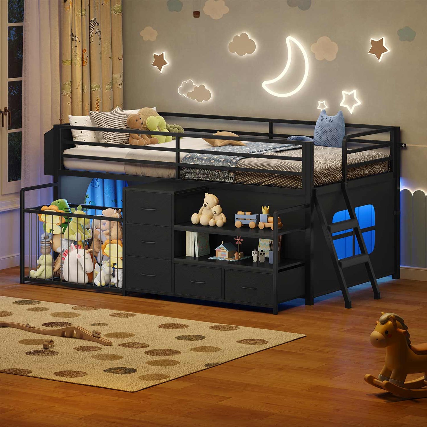 Twin Size Low Loft Bed with Storage Shelves Drawers and LED Lights Black
