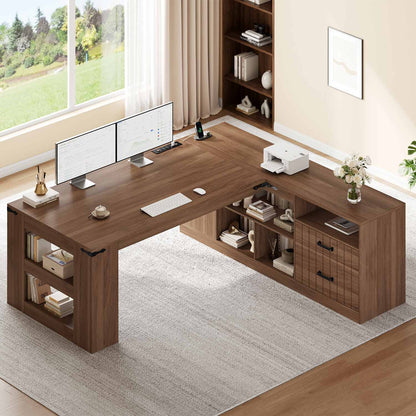71" L Shaped Executive Desk with Storage and Power Walnut