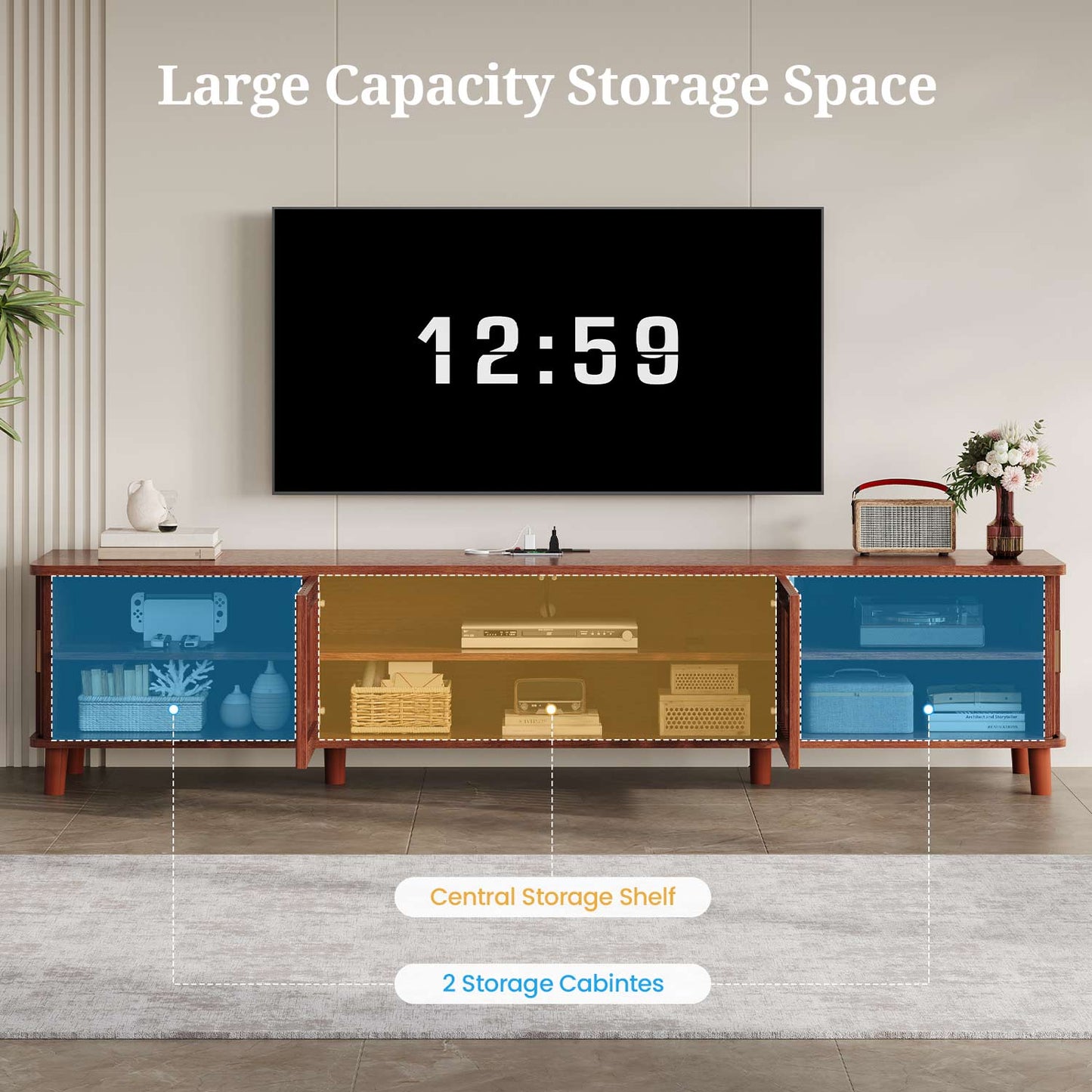 TV Stand with Fluted Sliding Doors & Station RGB LED Lights Media Console Cherry