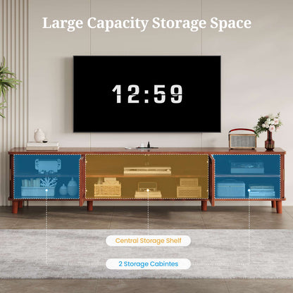 TV Stand with Fluted Sliding Doors & Station RGB LED Lights Media Console Cherry