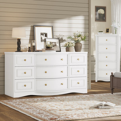9 Drawer Dresser with Triple Arc Front White