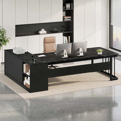 78.7" L Shaped Executive Desk with Drawers Storage Shelves Black