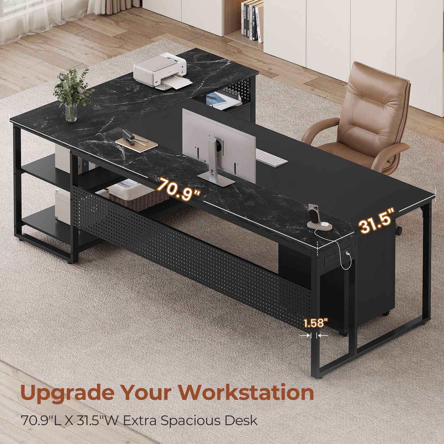 71" Reversible L Shaped Executive Desk with Power Outlets & Storage Shelves Black