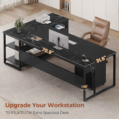 71" Reversible L Shaped Executive Desk with Power Outlets & Storage Shelves Black