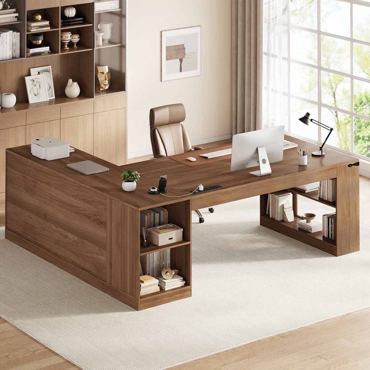 71" L Shaped Executive Desk with Storage and Power Walnut