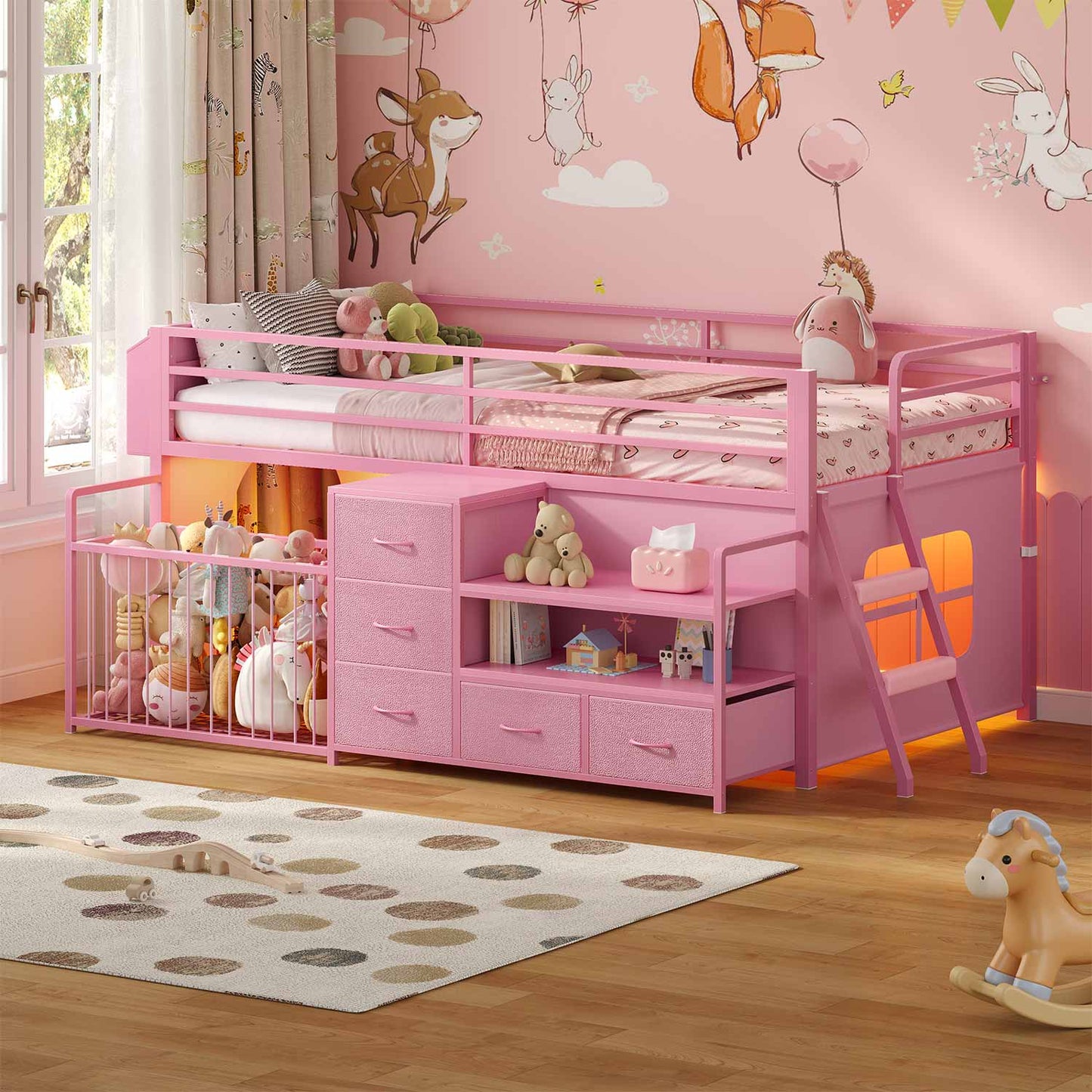 Twin Size Low Loft Bed with Storage Shelves Drawers and LED Lights Pink