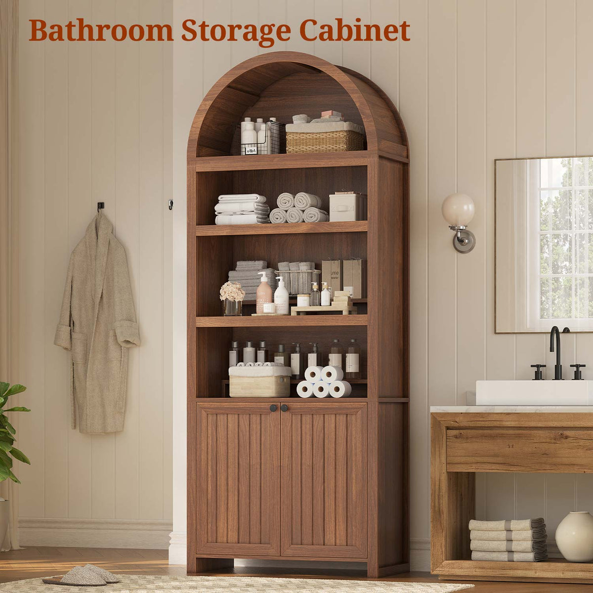 81" Arched Bookcase with Adjustable Shelves and Cabinet Brown