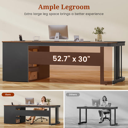 70.9" Power Outlet Desk with Adjustable Storage Shelves Walnut