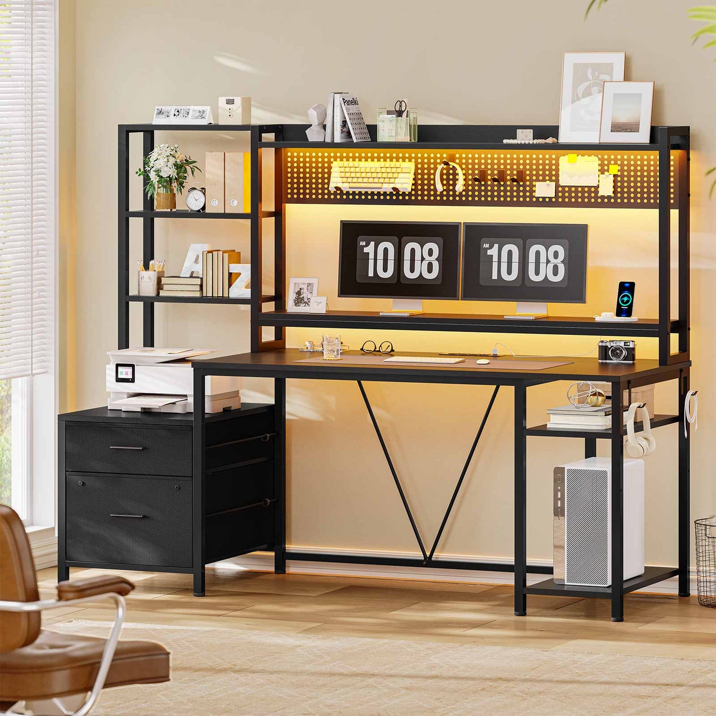 Reversible Computer Desk with Power Outlets & LED Light Black