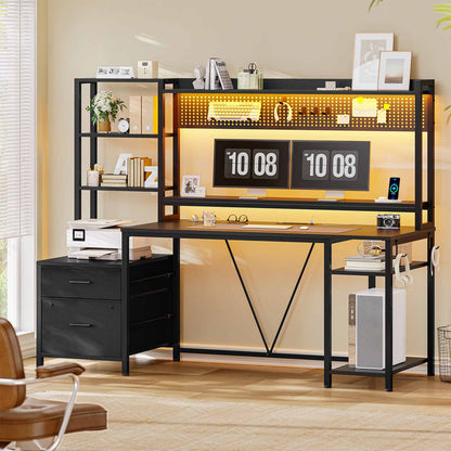Reversible Computer Desk with Power Outlets & LED Light Black
