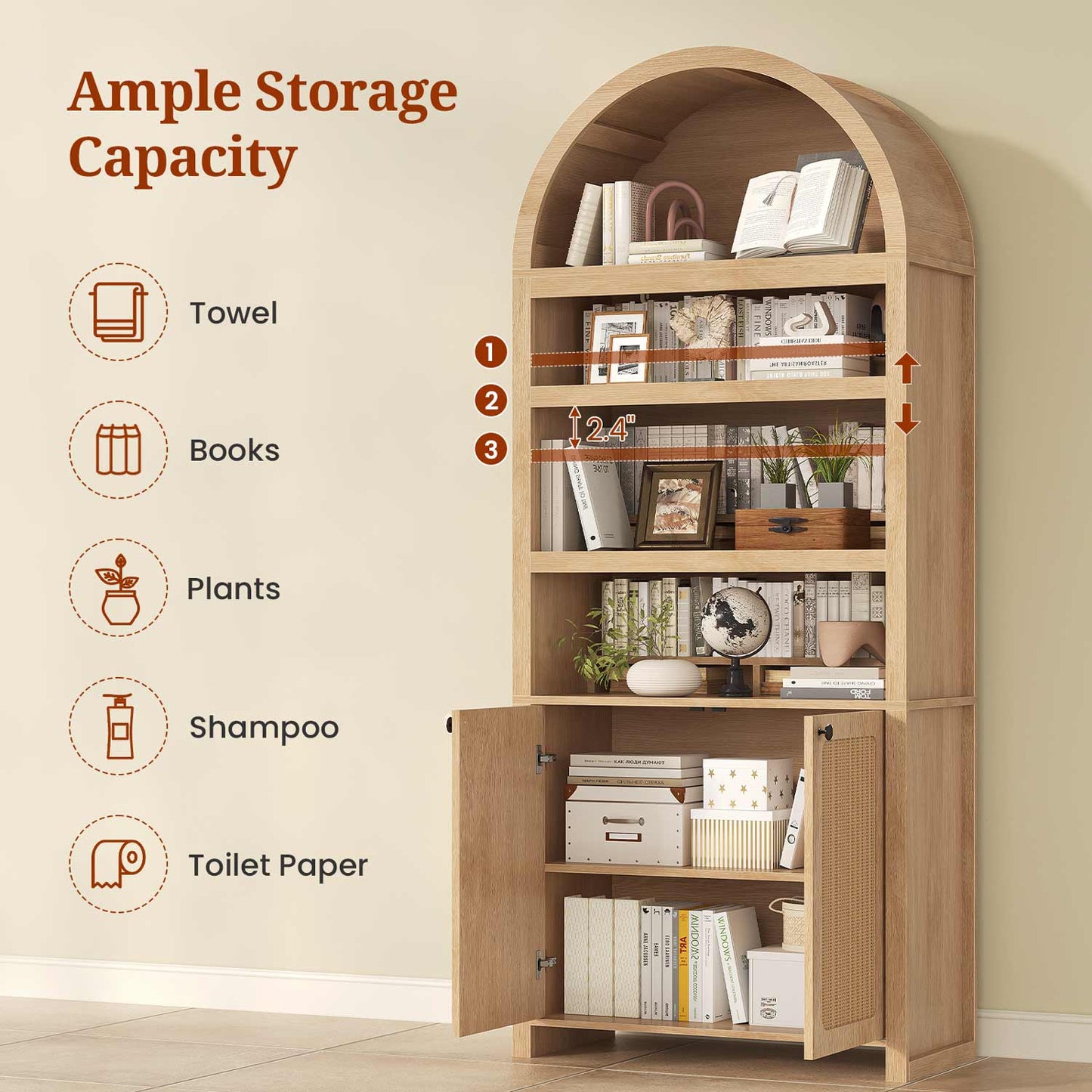 81 Inches Tall Arched 6-Tier Bookcase with Door Oak