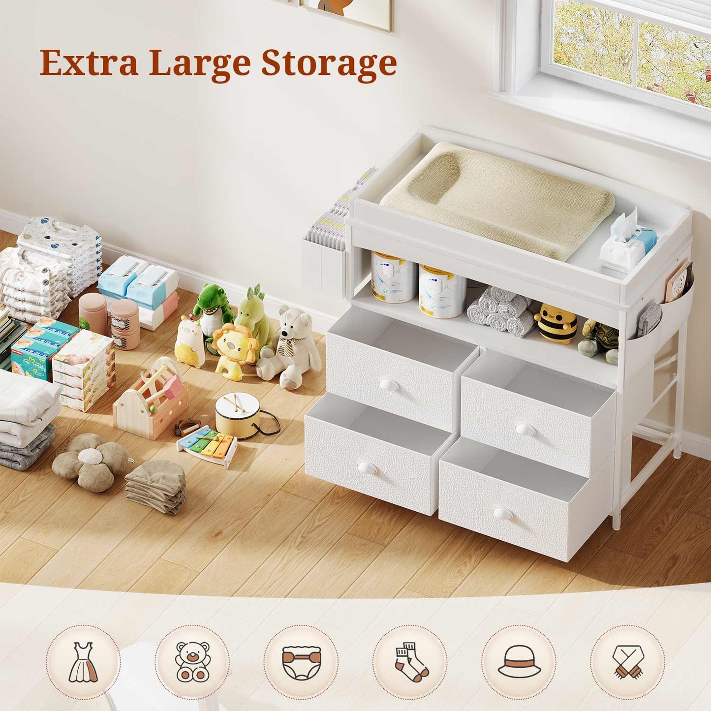 4 Drawer Dresser Large Storage Chest for Kids Room White