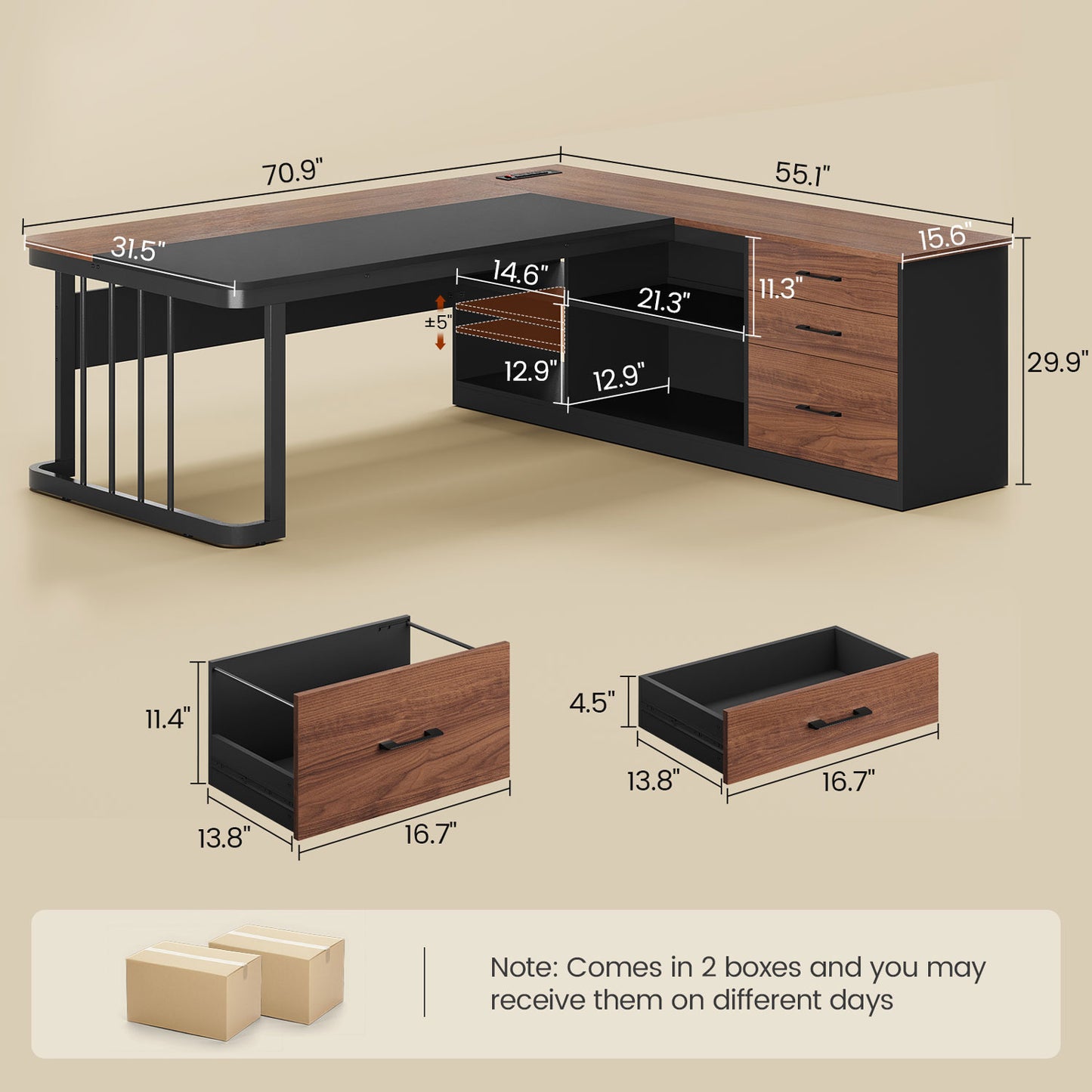 71" L Shaped Large Office Desk with Drawers & Storage Shelves Walnut