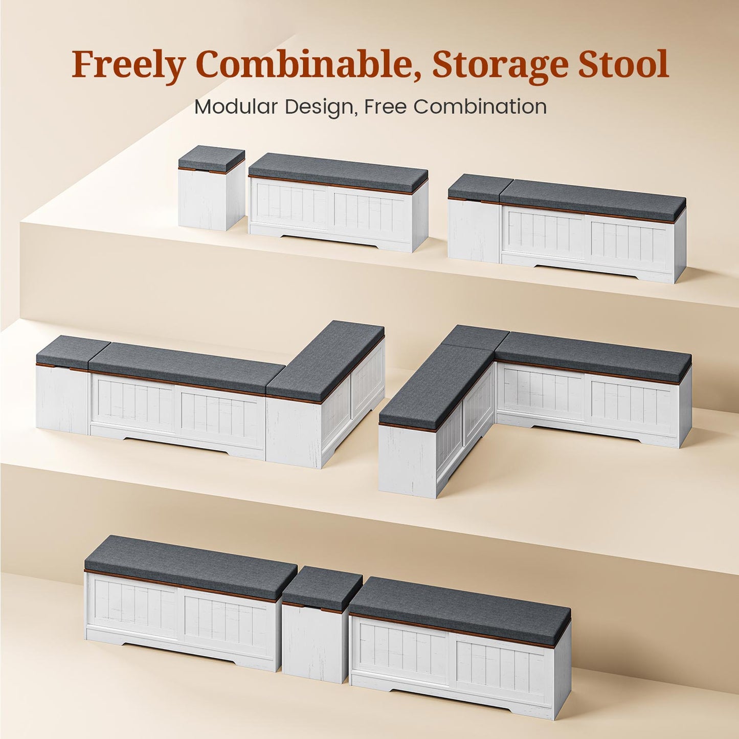 Farmhouse L Shaped Shoe Storage Bench with Hidden Storage White Brown