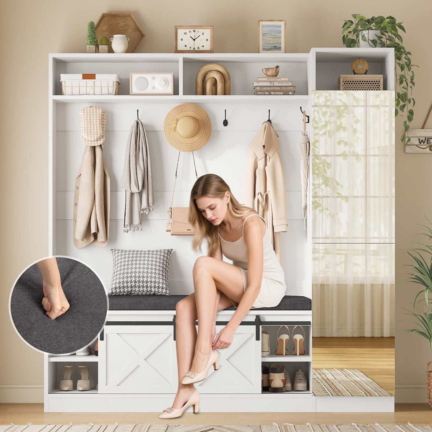 60" Hall Tree with Bench, Shoe Storage and Mirror