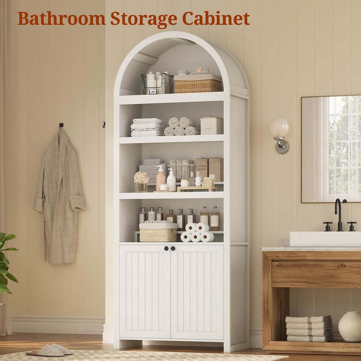81" Arched Bookcase with Adjustable Shelves and Cabinet Antique White