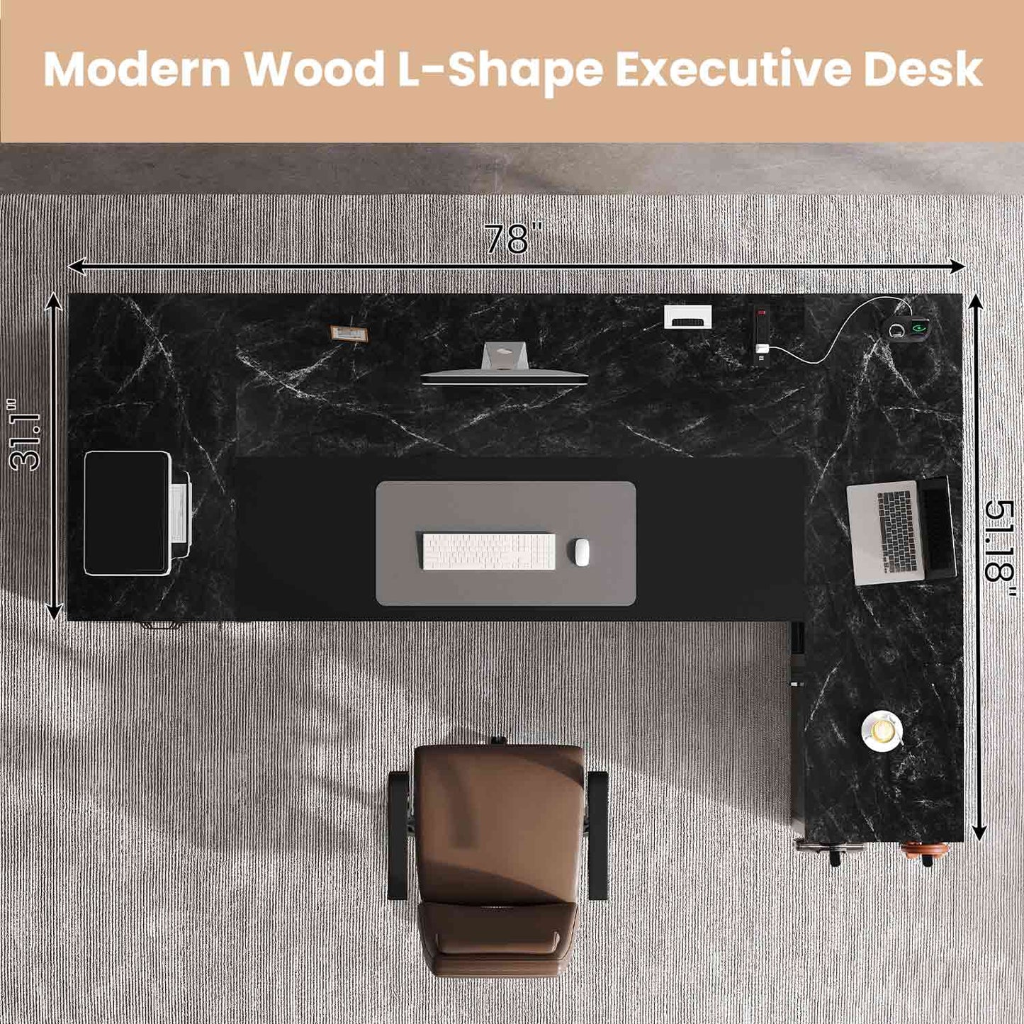 78 Inch L Shaped Executive Desk with Power Outlets Marble Grain