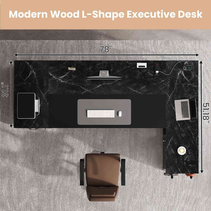 78 Inch L Shaped Executive Desk with Power Outlets Marble Grain