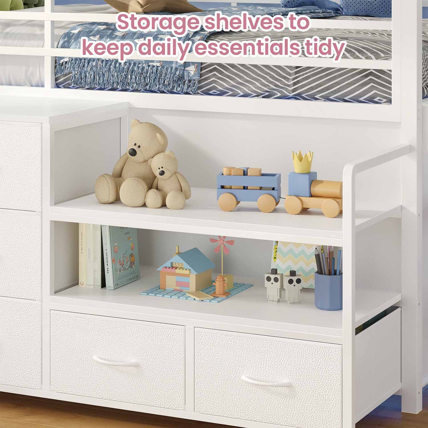 Twin Size Low Loft Bed with Storage Shelves Drawers and LED Lights White