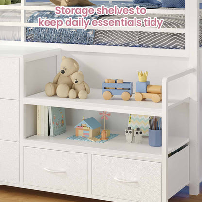 Twin Size Low Loft Bed with Storage Shelves Drawers and LED Lights White