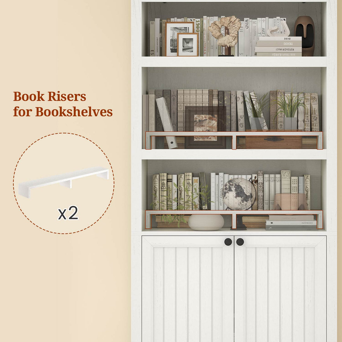 81" Arched Bookcase with Adjustable Shelves and Cabinet Antique White