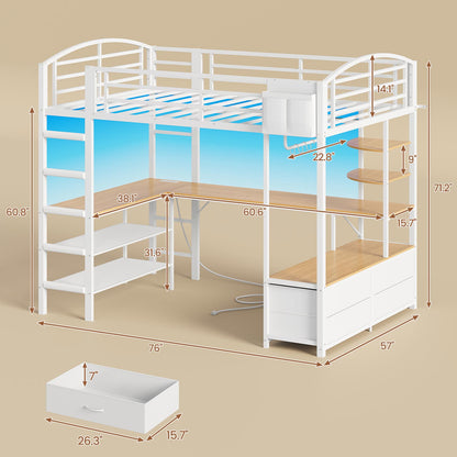Full Size Gaming Loft Bed with RGB LED Lights White