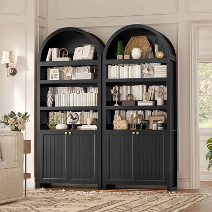 81 Inches Tall Arched 6-Tier Bookcase with Door Black