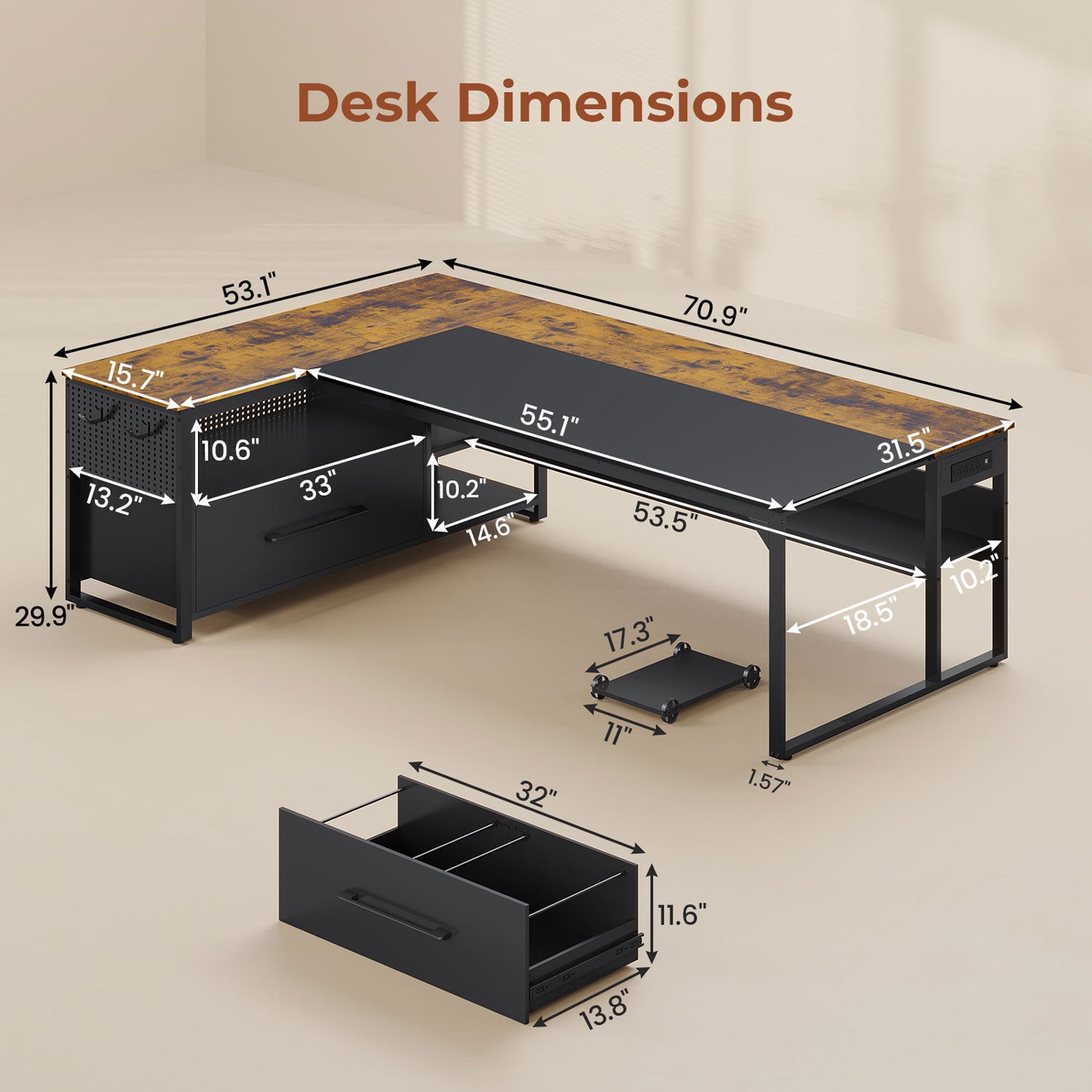 71" Reversible L-Shaped Executive Desk with Storage Shelves & Power Outlets Brown