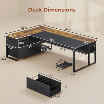 71" Reversible L-Shaped Executive Desk with Storage Shelves & Power Outlets Brown