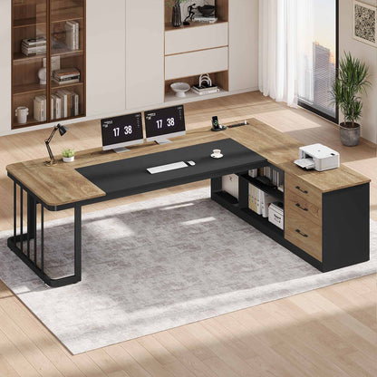 78.7" L Shaped Executive Desk with Drawers Storage Shelves Oak