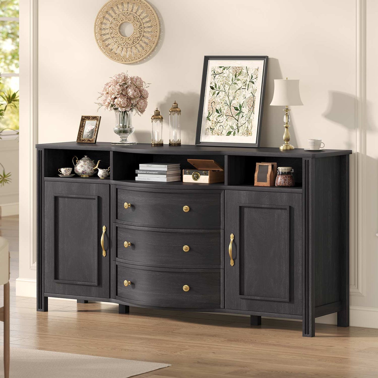 Farmhouse Buffet Cabinet with Storage & 3 Drawers Grey
