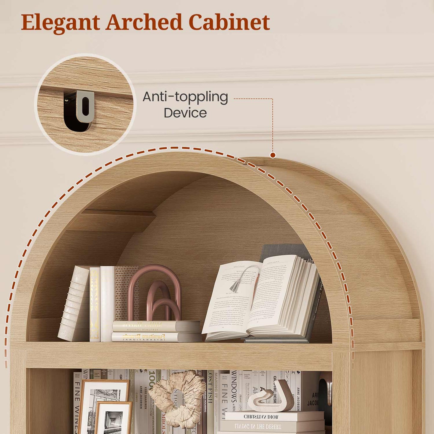 81 Inches Tall Arched 6-Tier Bookcase with Door Oak