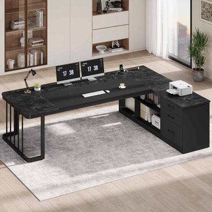 78.7" L Shaped Executive Desk with Drawers Storage Shelves Black