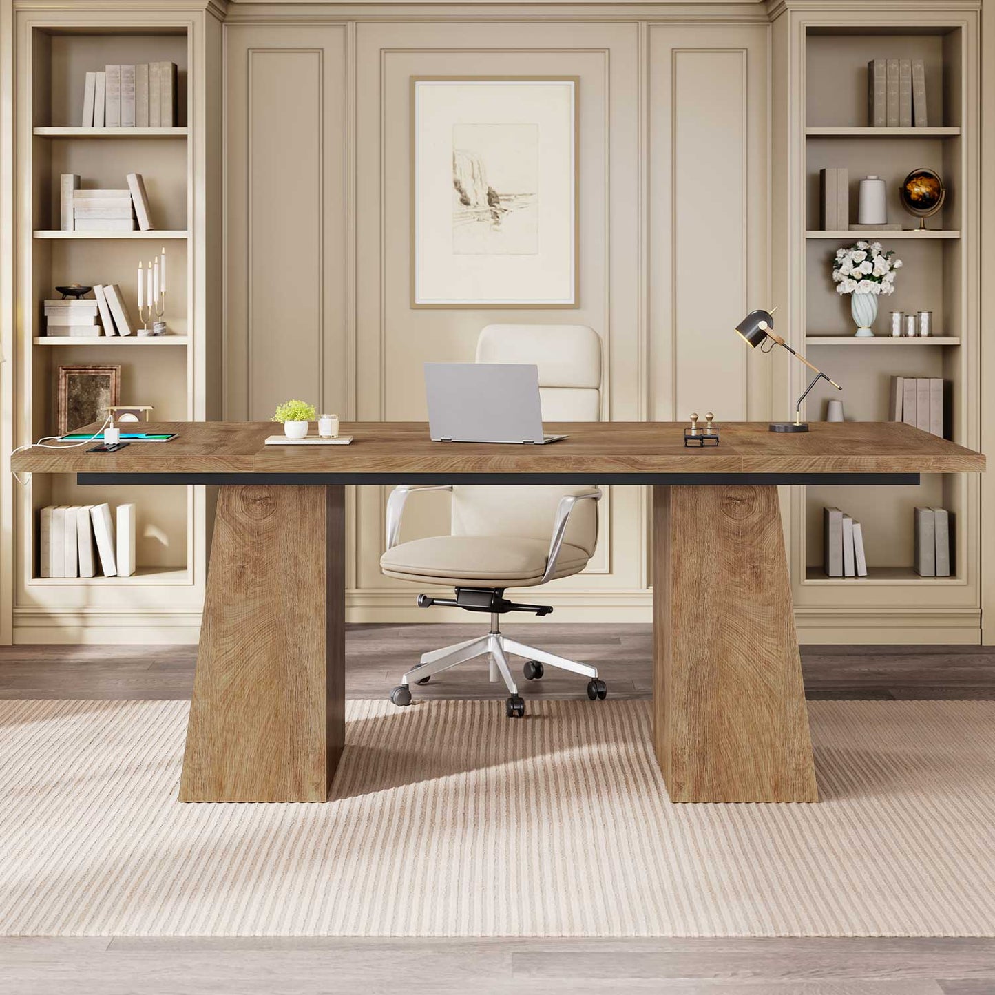 Executive Desk with Power Outlet and Storage Cabinet – Oak