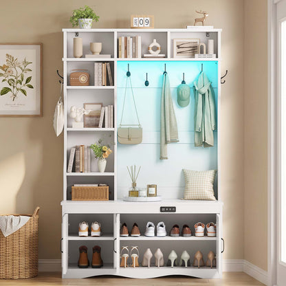 Hall Tree with Shoe Storage Coat Rack LED Lights and Bench White