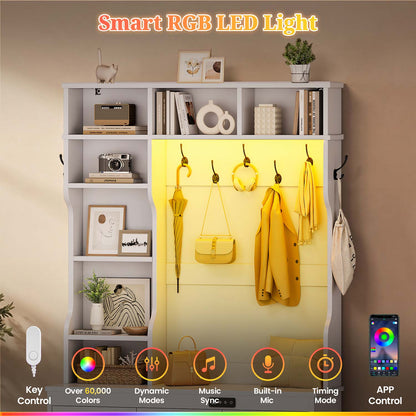 Hall Tree with Shoe Storage Coat Rack LED Lights and Bench White