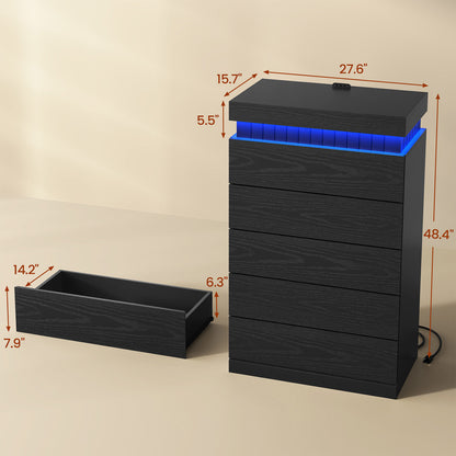 Modern Wood 6 Dresser  with LED Light and Power Outlet,Black