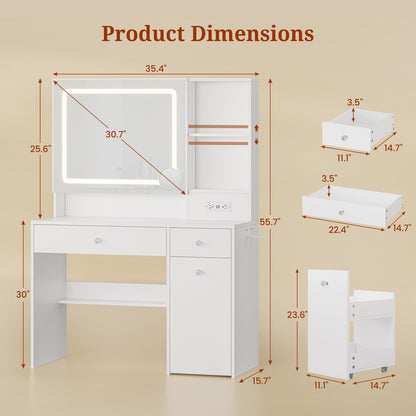 35.4" Normal Makeup Vanity with Pull-Out LED Mirror White