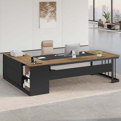 78.7" L Shaped Executive Desk with Drawers Storage Shelves Oak