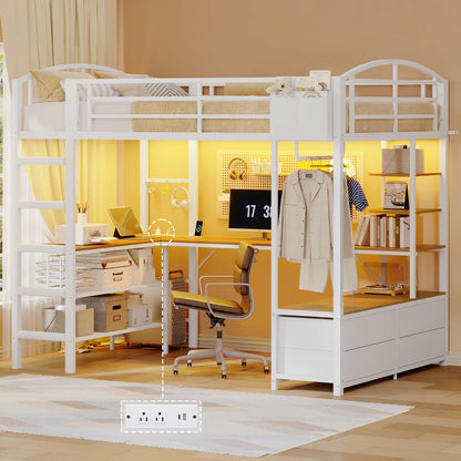 Full Size Gaming Loft Bed with RGB LED Lights White