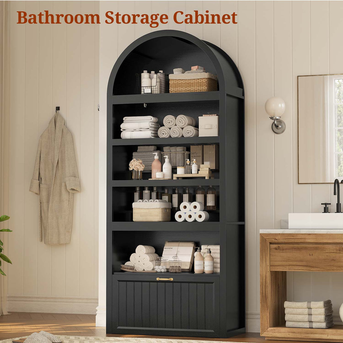 81" Arched Bookcase with 6-Tier Storage & Cabinet Black