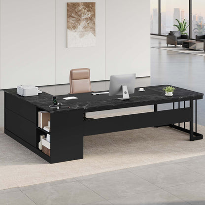 78.7" L Shaped Executive Desk with Drawers Storage Shelves Black