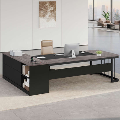 78.7" L Shaped Executive Desk with Drawers Storage Shelves Grey