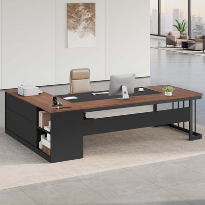 78.7" L Shaped Executive Desk with Drawers Storage Shelves Walnut