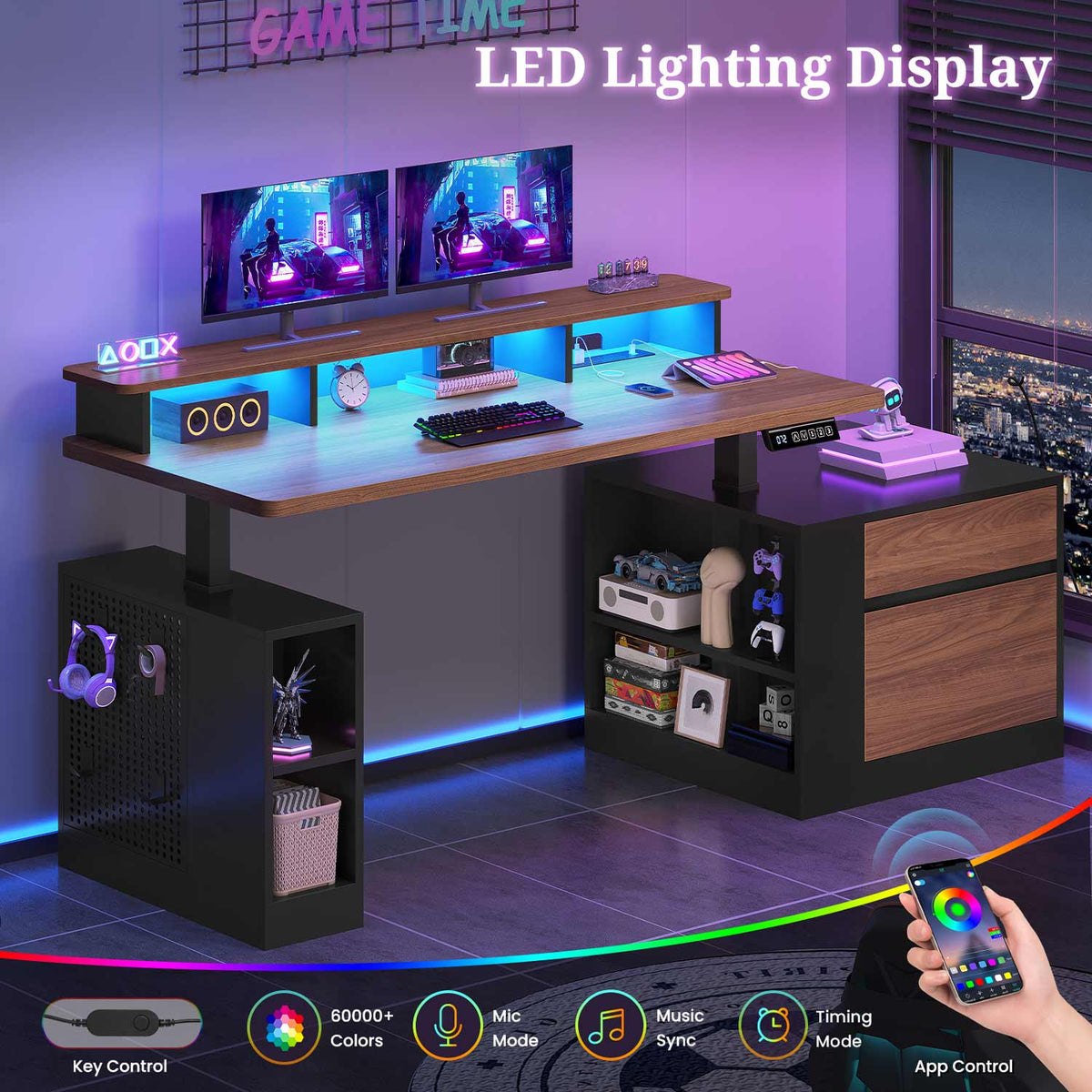 70" Electric Standing Desk with Storage LED Lights & Power Black&Walnut