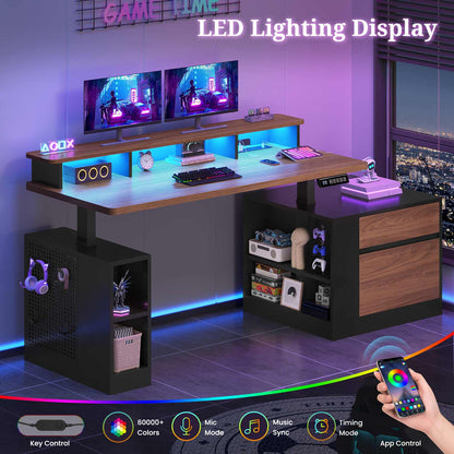 70" Electric Standing Desk with Storage LED Lights & Power Black&Walnut