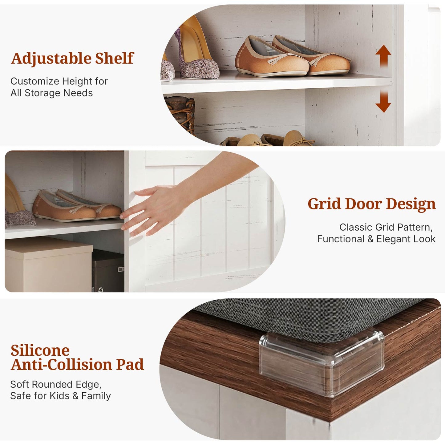 Farmhouse L Shaped Shoe Storage Bench with Hidden Storage White Brown