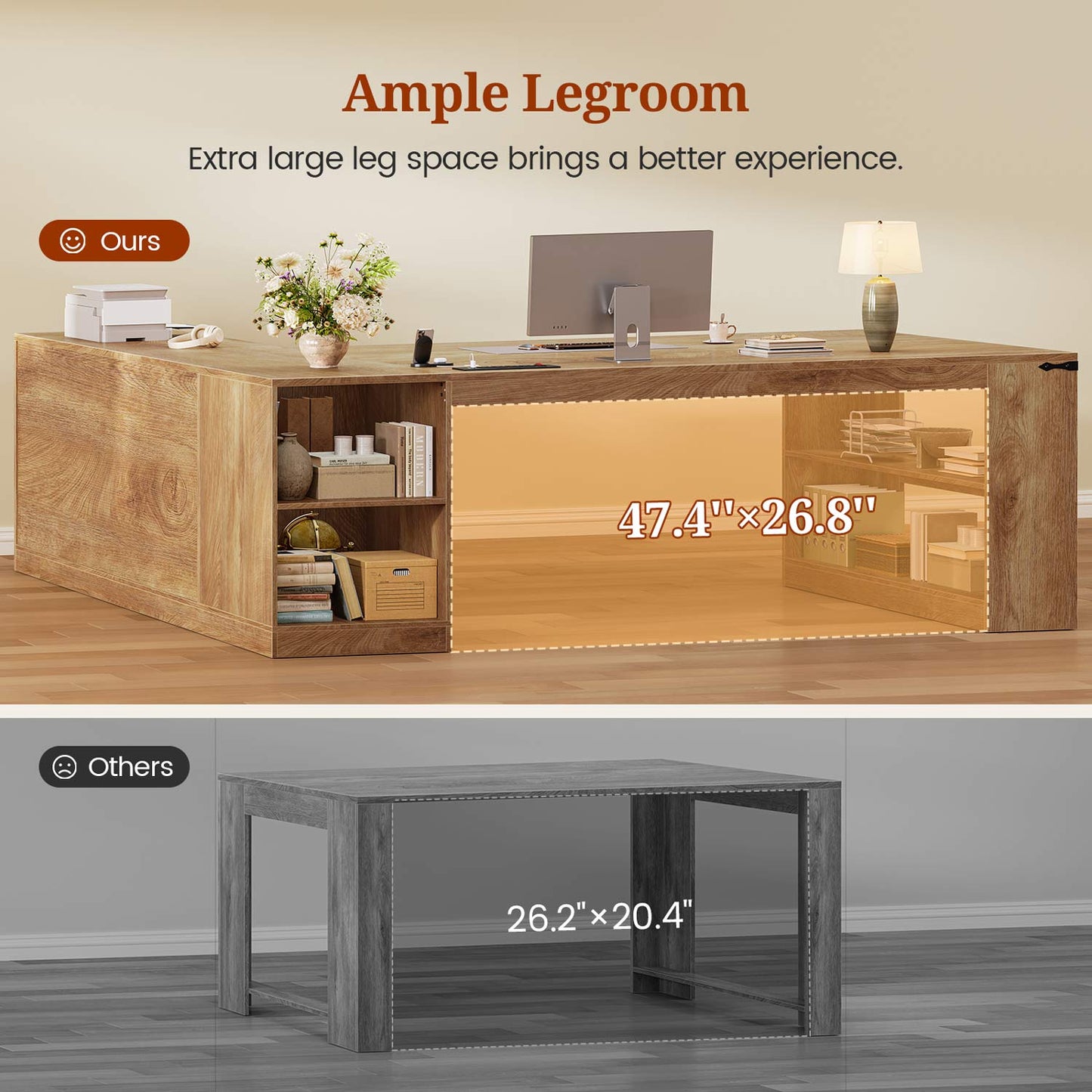 71" L Shaped Executive Desk with Drawers & Power Outlets Oak