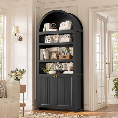 81 Inches Tall Arched 6-Tier Bookcase with Door Black