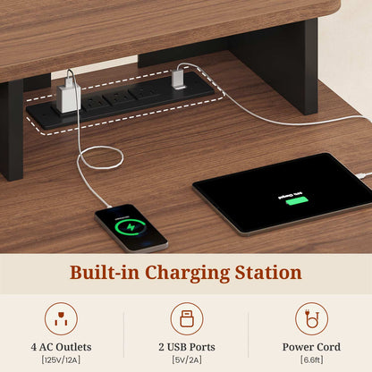 70" Electric Standing Desk with Storage LED Lights & Power Black&Walnut